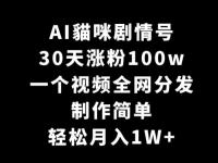 AI貓咪剧情号，30天涨粉100w，制作简单，一个视频全网分发，轻松月入1W+【45670643】